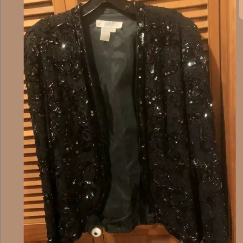 I MAGNIN Beaded Open Jacket Black Silk Shell Lined Festive Classic Dark Romance